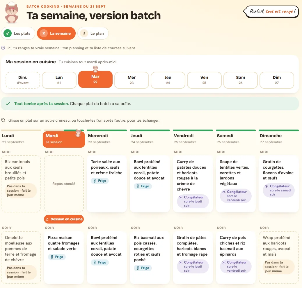 La semaine en batch cooking dans Popotam : la session du mardi, et chaque plat étiqueté frigo ou congélateur